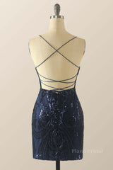 Navy Blue Sequin Pattern Tight Mini Dress