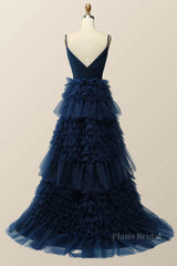 Navy Blue Tiered Ruffle Long Ball Gown with Straps