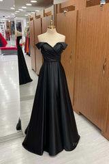 Off Shoulder Black Satin Long Prom Dress, Long Black Formal Graduation Evening Dress