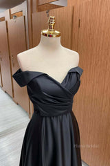 Off Shoulder Black Satin Long Prom Dress, Long Black Formal Graduation Evening Dress