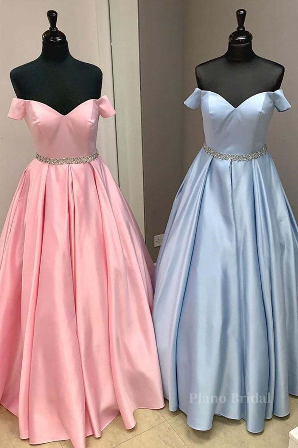 Off Shoulder Blue Long Prom Dresses with Belt, Pink Formal Dresses, Blue Evening Dresses