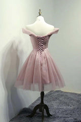Off Shoulder Dusty Pink Tulle Short Prom Homecoming Dress, Short Pink Formal Graduation Evening Dress
