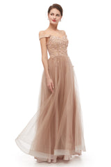 Off-Shoulder Pearls Applique A-Line Tulle Prom Dresses