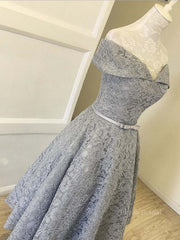 Off Shoulder Tea Length Gray Lace Prom Dresses, Off the Shoulder Gray Homecoming Dresses, Gray Lace Formal Evening Dresses