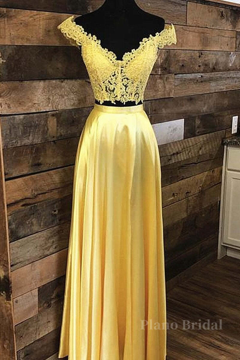 Off Shoulder Two Pieces Lace Yellow Long Prom Dress, Off the Shoulder Yellow Lace Formal Dress, Two Pieces Yellow Lace Evening Dress