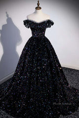 Off the Shoulder Black Sequin Prom Dresses, Black Long Formal Evening Dresses