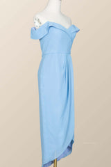 Off the Shoulder Blue Draped Midi Bridesmaid Dress