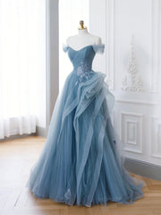Off the Shoulder Blue Tulle Prom Dresses, Blue Tulle Floral Formal Evening Dresses