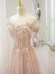 Off the Shoulder Champagne Tulle Lace Prom Dress, Off Shoulder Champagne Lace Formal Dress