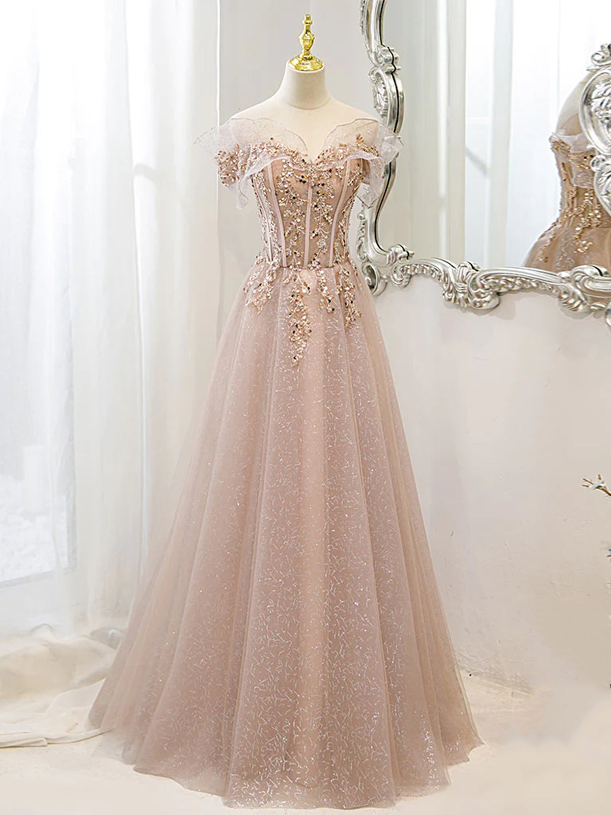 Off the Shoulder Champagne Tulle Lace Prom Dress, Off Shoulder Champagne Lace Formal Dress