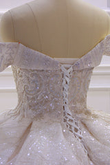 Off the shoulder Champange Puffy ball Gown Sparkle Wedding Dress