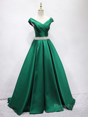 Off the Shoulder Green Long Prom Dress with Corset Back, Off Shoulder Long Green Formal Evening Dresses