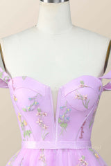 Off the Shoulder Lavender Floral Embroidered Short Homecoming Dress