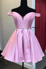 Off the Shoulder Pink Satin Short Prom Homecoming Dress with Belt, Off Shoulder Pink Formal Graduation Evening Dress