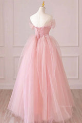 Off the Shoulder Pink Tulle Prom Dresses, Pink Tulle Long Formal Graduation Dresses