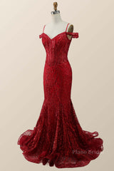 Off the Shoulder Red Sequin Mermaid Formal Dress