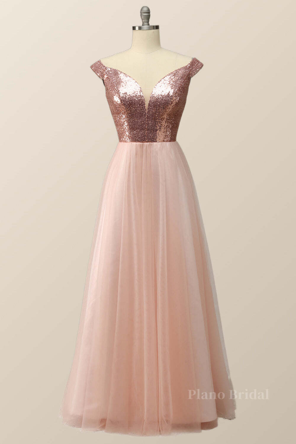 Off the Shoulder Rose Gols Sequin and Tulle Long Party Dress