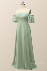 Off the Shoulder Sage Green Chiffon Long Bridesmaid Dress