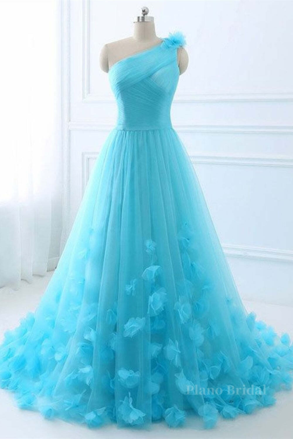 One Shoulder Blue Floral Long Prom Dresses, One Shoulder Blue Formal Dresses, 3D Flowers Blue Evening Dresses