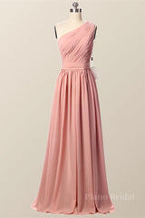 One Shoulder Blush Pink Pleated Long Bridesmaid Dress