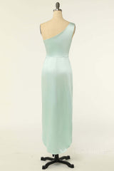 One Shoulder Mint Green Wrap Bridesmaid Dress