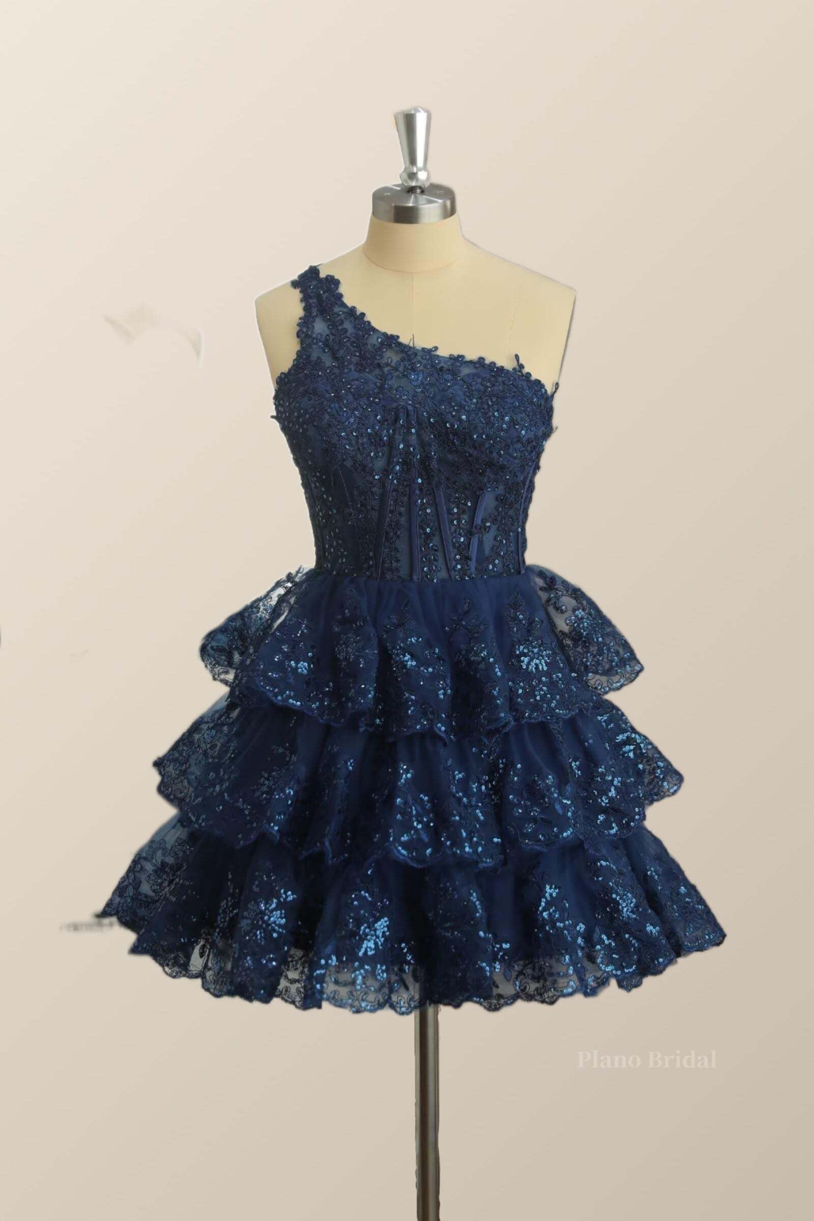 One Shoulder Navy Blue Ruffles A-line Dress