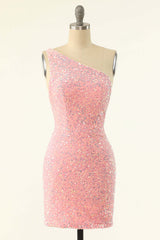 One Shoulder Pink Sequin Bodycon Mini Dress