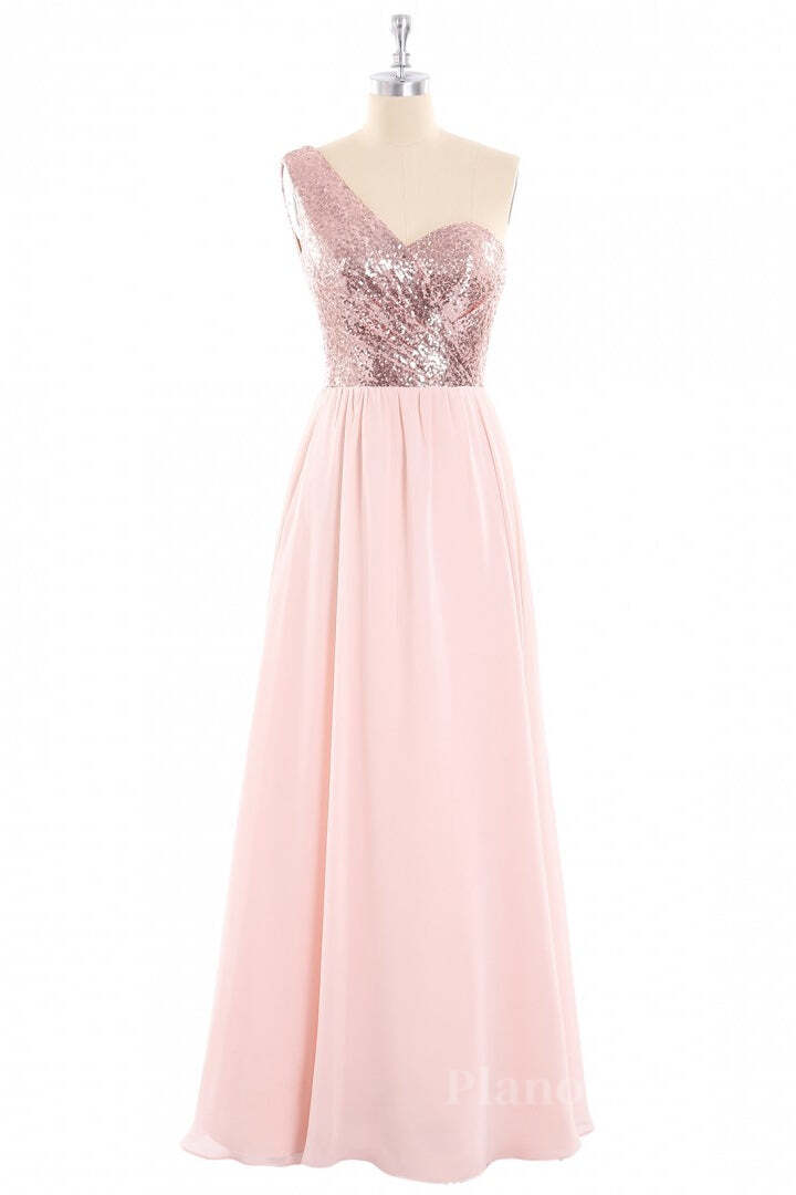 One Shoulder Rose Gold Sequin and Chiffon Long Bridesmaid Dress