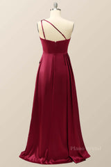One Shoulder Wine Red Satin A-line Formal Dress