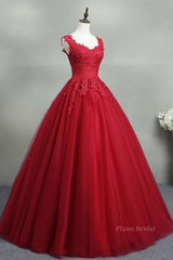 Open Back Red Lace Long Prom Dress, Red Lace Formal Evening Dress, Red Ball Gown