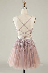 Open Back V Neck Pink Lace Appliques Prom Dress, Pink Lace Homecoming Dress, Short Pink Formal Graduation Evening Dress