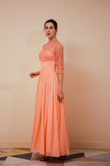 Lace Chiffon Long Zipper Back Mother of the Bride Dresses With Sleeves
