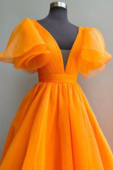 Orange V-Neck Long Prom Dress, A-Line Short Sleeve Evening Dress