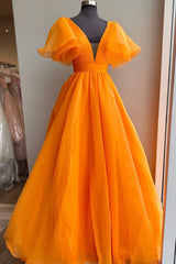 Orange V-Neck Long Prom Dress, A-Line Short Sleeve Evening Dress