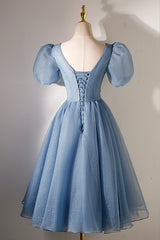 A-line V-neck Sequins Short Prom Dress, Blue Short Sleeve Evening Dress