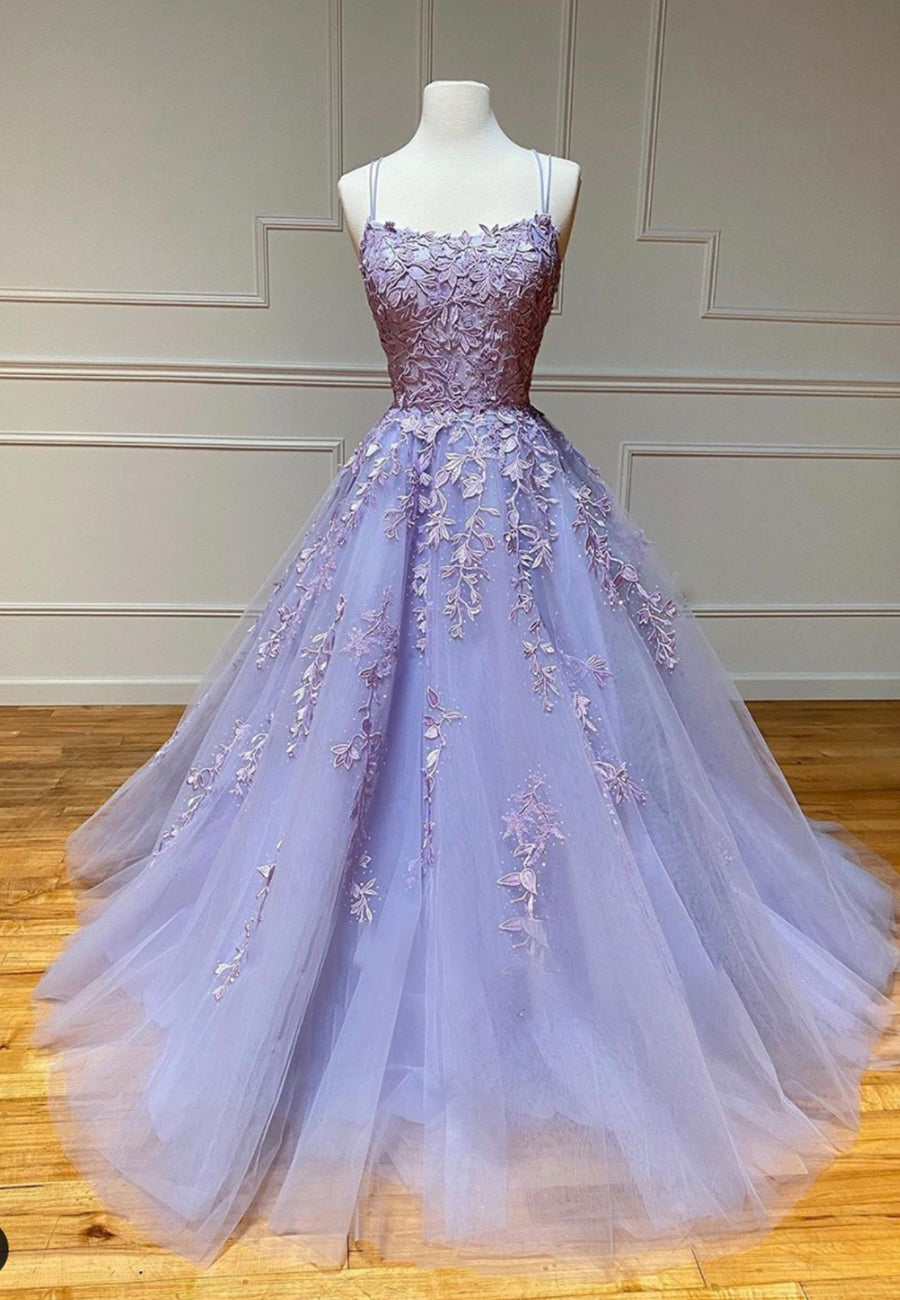 Purple Lace Long Prom Dresses, A-Line Backless Evening Dresses