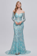 Pastel Blue Sparkly Embroidery Long Sleeve Mermaid Evening Dresses