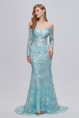 Pastel Blue Sparkly Embroidery Long Sleeve Mermaid Evening Dresses