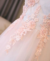 Light Pink Lace Off Shoulder Lonng Prom Dress, Pink Evening Dress