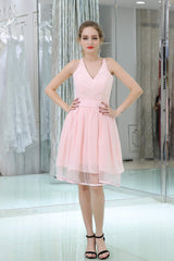 Pink A-Line Mini Lace Bridesmaid Dresses