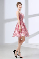 Pink A-Line Sequined Short Homecoming Dresses