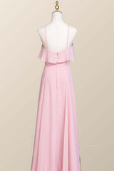 Pink Chiffon Ruffle Halter A-line Long Bridesmaid Dress