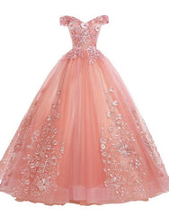 Pink Lace Flower Off Shoulder Sweet 16 Dress, Pink Long Prom Dresses Quinceaner Dress