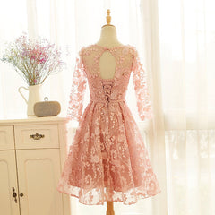 Pink Long Sleeves Lace Wedding Party Dress, Charming Party Dress
