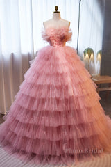Pink Ruffled Strapless A-line Multi-Layers Long Prom Dress