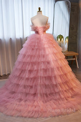 Pink Ruffled Strapless A-line Multi-Layers Long Prom Dress