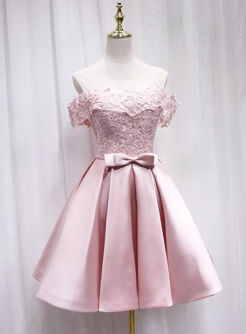 Pink Satin Off Shoulder Lace Top Homecoming Dress, Pink Gradaution Dresses