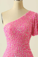 Pink Sequin Tight One Shoulder Short Sleeve Mini Dress