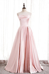 Pink Strapless Satin Lace-Up Pearl Beaded Maxi Formal Dress with Slit