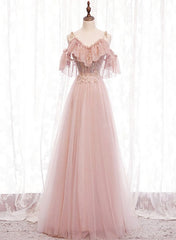 Pink Straps Lace Top Tulle Off Shoulder Party Dresses, Pink A-line Formal Dresses